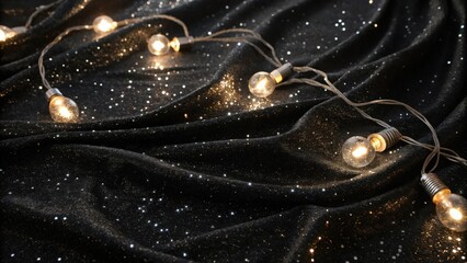 Aufkleber - A string of fairy lights illuminates a dark, shimmering fabric, creating a magical and festive atmosphere.