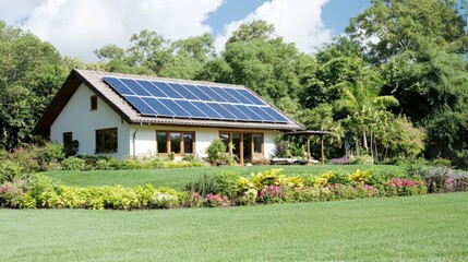 Wall Mural - Solar panels on a house, green garden.