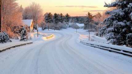 Sticker - Snowy winding road at sunrise, winter landscape.