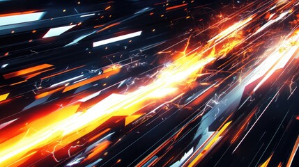 Poster - sports background with geometric lines and diagonal stripes, dominant black backdrop, vibrant orange lightning streaks, futuristic and high-energy atmosphere, modern sports design 