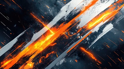 Poster - sports background with geometric lines and diagonal stripes, dominant black backdrop, vibrant orange lightning streaks, futuristic and high-energy atmosphere, modern sports design 