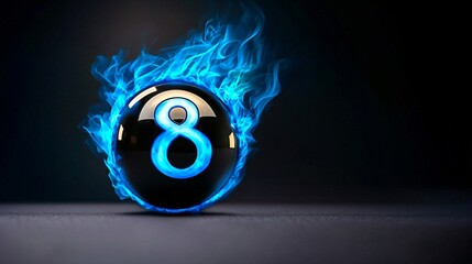 Poster - Concept of action and power in sports. A glowing blue eight ball with flames against a dark background.