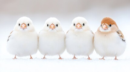 Wall Mural - Four fluffy white and brown birds sitting on snow.