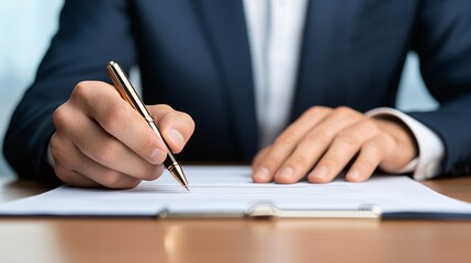 Poster - Businessman signing a document with a pen on a desk.
