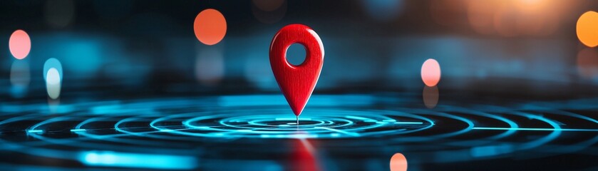 Poster - Vibrant red location pin on a glowing digital map surface with circular ripples.