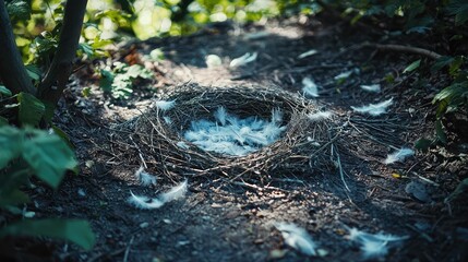 Wall Mural - Abandoned Bird Nest Surrounded by Forest Floor Debris and Soft Feathers in a Natural Setting with Vibrant Green Foliage and Sunlight Filtering Through Leaves