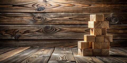 Poster - Wooden blocks stacked on a rustic wooden surface