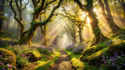 Aufkleber - Sunbeams Illuminate a Mystical Forest Path Lined with Mossy Trees and Blooming Flowers