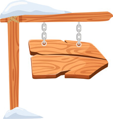 Poster - Wooden arrow sign hanging on chains from a wooden pole covered by snow, isolated on white background, ideal for winter and christmas related concepts