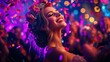 © kinara art design - Joyful woman in floral crown at vibrant party.