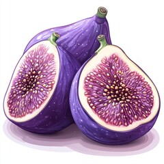 Two ripe figs, one whole, two halved, showing vibrant purple flesh and seeds.