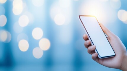 Poster - A hand holds a smartphone against a blurred blue background with soft bokeh lights, emphasizing modern technology and communication.