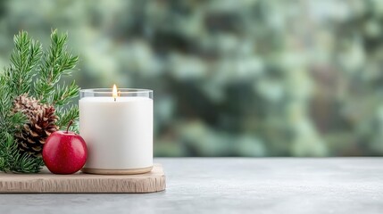 Wall Mural - Lit candle with pine, apple, on wood.