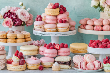 whimsical array of confectionery treats featuring pink macarons, fresh raspberries, and elegant flor