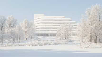 Sticker - Modern white building in snowy winter landscape.