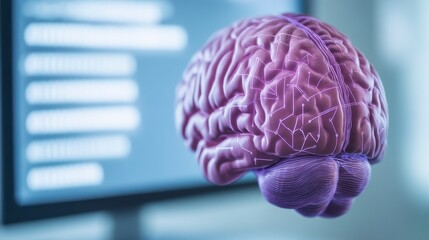 Poster - A 3D-rendered brain with neural connections, floating in front of a computer screen, symbolizing the intersection of neuroscience and technology.