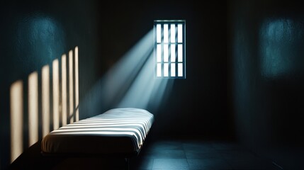 Poster - A dark room with a bed and a window