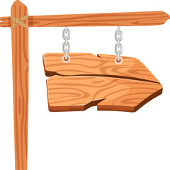 Poster - Wooden arrow sign featuring ample copy space, hanging from metal chains on a rustic wooden post, with a rope elegantly wrapped around it, set against a clean white background