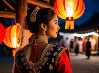 Elegant woman in traditional attire poses under glowing lanterns at a cultural celebration during the evening