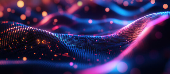 Aufkleber - Vivid waves of color undulate, creating an abstract landscape of light and particles. The glow reflects a vibrant digital world, evoking a sense of motion and depth.