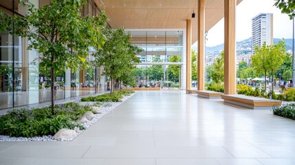 Wall Mural - Modern building exterior with landscaped walkway and seating.