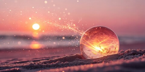 Poster - A Crystal Ball Captures the Warmth of a Sunset on a Beach with a Gentle Breeze Creating Sparkling Dust
