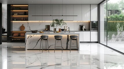 Wall Mural - Modern Luxury Kitchen Design: Marble Elegance and Minimalist Style