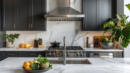 Wall Mural - Modern Kitchen Interior Design: Elegant Dark Cabinets, Marble Backsplash, and Stainless Steel Appliances