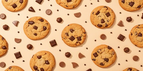 Poster - A close-up overhead shot of a seamless pattern of chocolate chip cookies and various chocolate pieces on a light brown background