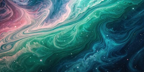 Wall Mural - abstract cosmic swirls in vibrant hues of teal, green, and pink, dusted with iridescent stars