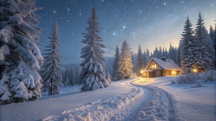 Poster - A cozy cabin nestled amidst a snowy forest, illuminated by warm light and bathed in the glow of a starry night sky.