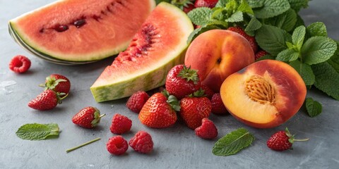 Poster - A vibrant summer fruit arrangement featuring ripe watermelon, juicy peaches, and plump strawberries, accented with fresh mint leaves, creates a delightful and refreshing visual feast.