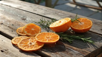 Poster - A Still Life Featuring Slices of Oranges and Rosemary Sprigs on a Weathered Wooden Surface