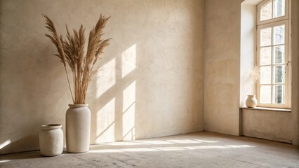 Poster - A Minimalist Interior with Dried Pampas Grass in a Ceramic Vase, Cast Shadows, and a Window with Sunlight Streaming Through