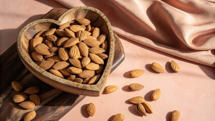Poster - A heart-shaped bowl filled with almonds rests on a wooden board, scattered almonds and a soft blush fabric create a tranquil and inviting scene.