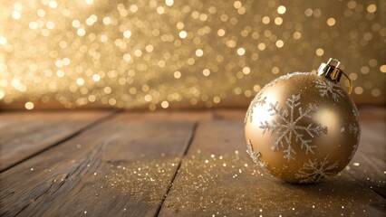 Poster - A Golden Christmas Ornament Resting on a Wooden Surface with a Shimmering Background of Warm Lights