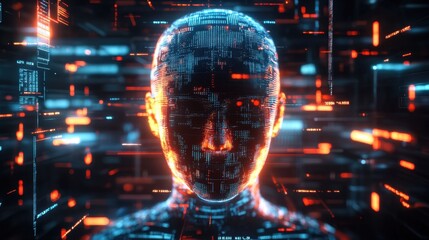 Poster - Futuristic Digital Human Face with Neon Glowing Data Visualization