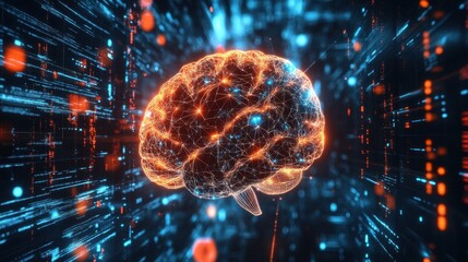 Poster - Glowing Brain with Digital Connections and Glowing Particles