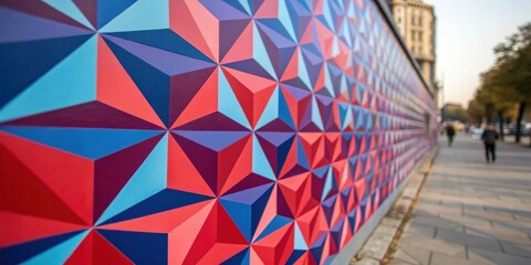 Poster - A geometric patterned wall stands out against a backdrop of muted colors, providing a visual feast of reds, blues, and purples in an urban setting.