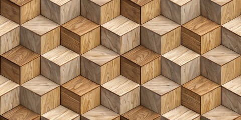 Fototapete - Abstract Geometric Pattern of Interlocking Wooden Cubes Creating a 3D Optical Illusion
