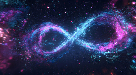 Poster - Infinite symbol, glowing particles, blue and purple colors, on a dark background