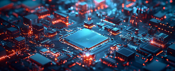 Poster - Abstract blue background with a circuit board and glowing dots, a technology concept banner