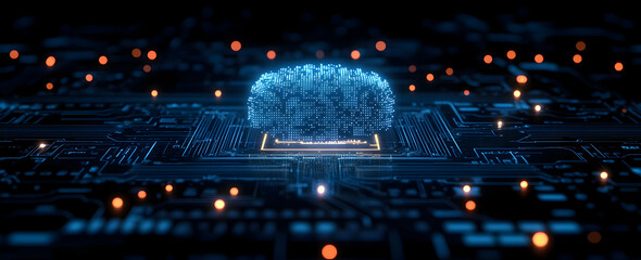 Poster - Abstract blue background with a circuit board and glowing dots, a technology concept banner