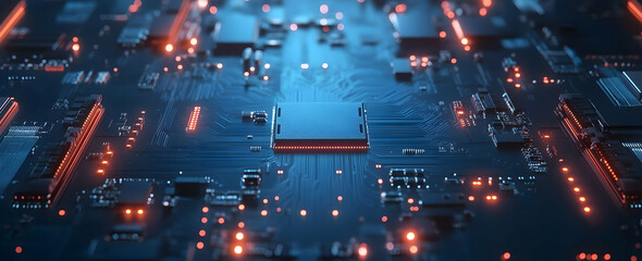 Poster - Abstract blue background with a circuit board and glowing dots, a technology concept banner