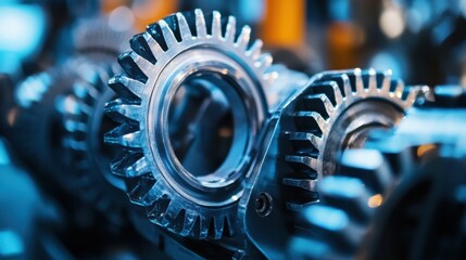 Poster - Close-up of shiny metal gears in industrial machinery setting