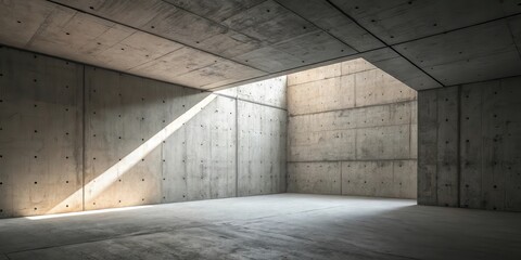 Poster - A light beam cuts through a minimalist concrete room, highlighting the texture of the walls and casting dramatic shadows on the floor.