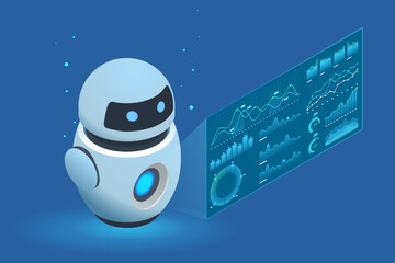 Poster - isometric ai robot interacting with digital analytics interface, displaying kpis, data insights ai-d