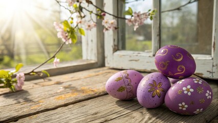 Aufkleber - Purple Easter Eggs with Golden Details on a Rustic Wooden Window Sill with Sun Shining Through