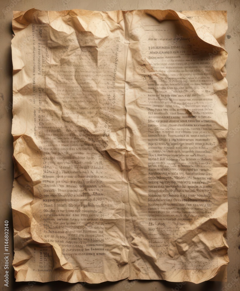 Aged, crumpled paper letter; vintage texture, faded ink , dirty ...