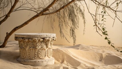 Poster - A Sculptural Stone Pedestal Rests in Soft Sand, Partially Hidden by a Branch of a Weeping Tree